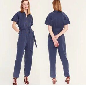 NWT J. Crew Drapey Belted Jumpsuit Blue Women's 6 Puff Sleeve Belted